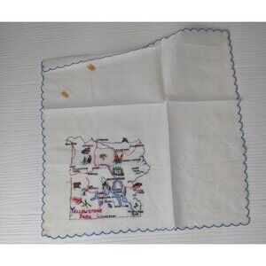 Vintage Handkerchief 1950’s Yellowstone Park Stitched Scalloped Edge 10” Square